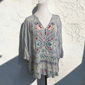Johnny Was Embroidered Boho Tunic Blouse Striped Floral Top M